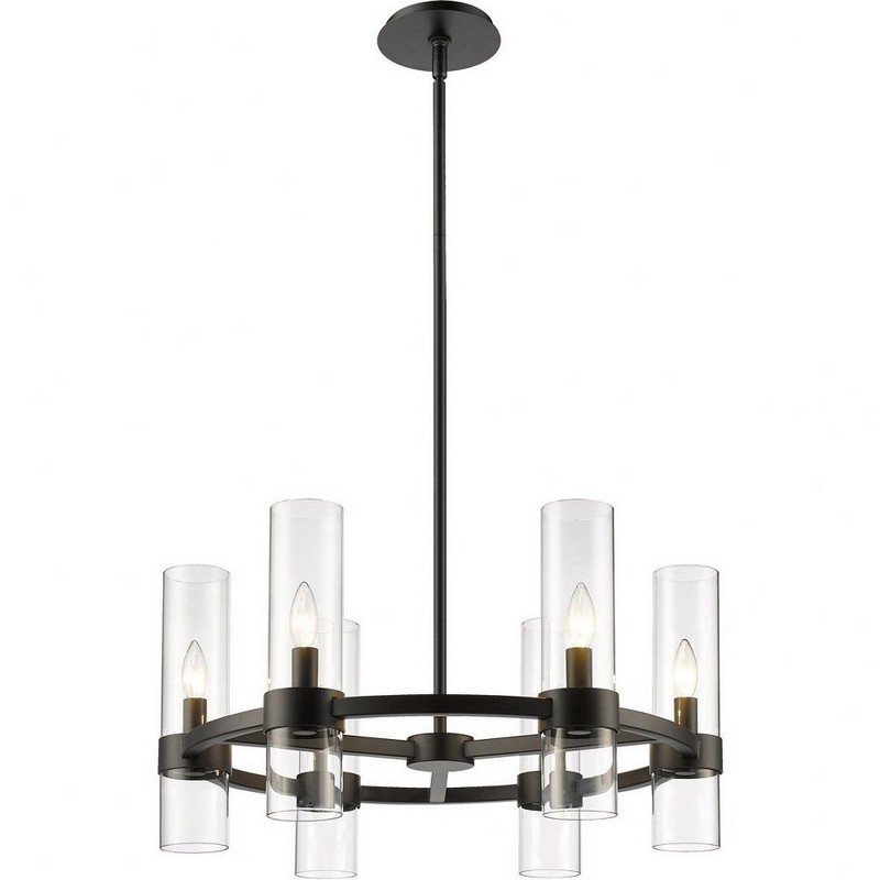 Z Lite 6 Light Chandelier In Restoration Style 13 Inches Tall, 26 Inches Wide Matte Black Matte Black Finish with Clear Glass