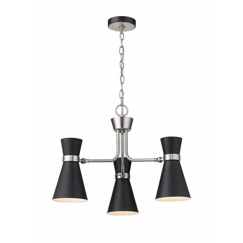 Z Lite 3 Light Chandelier In Modern Style 16.75 Inches Tall, 23.5 Inches Wide Matte Black, Brushed Nickel Finish with Matte Black Shade