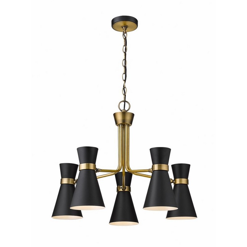 Z Lite 5 Light Chandelier In Modern Style 20 Inches Tall, 27 Inches Wide Matte Black, Heritage Brass Finish with Matte Black Shade