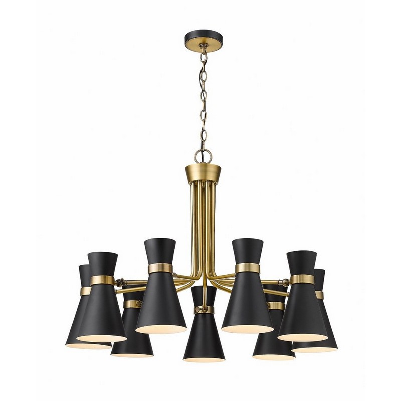 Z Lite 9 Light Chandelier in Period Inspired Style 32 Inches Wide by 23.75 Inches High Matte Black, Heritage Brass Matte Black, Brushed Nickel Finish with Matte Black Metal Shade